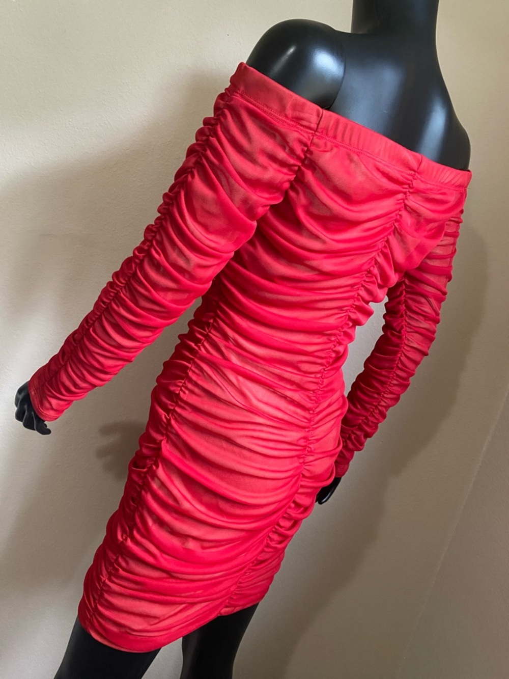 Va Va Voom Red Ruched Mesh Midi Dress - Picture 7 of 13
